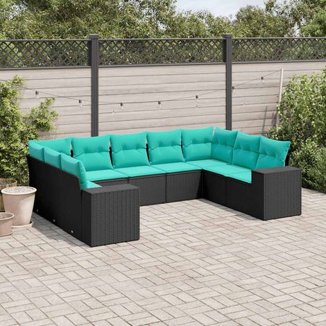 vidaXL Conjunto de sofá de jardín de 9 piezas con cojines, de poliratán negro (1/5)