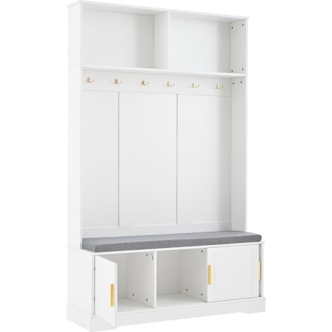 Perchero de entrada con banco zapatero, 6 ganchos triples, blanco, 120x40x191 cm, MODENUIT (1/5)
