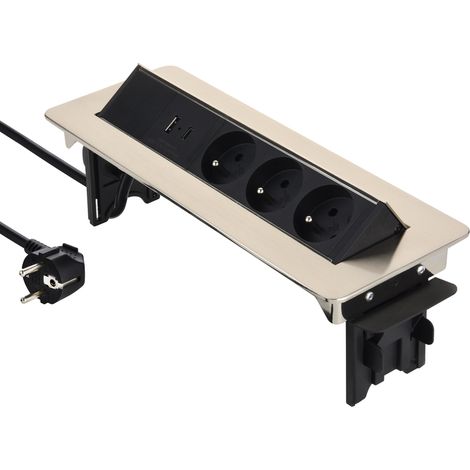 Bloc Multiprise escamotable Plan de Travail avec 3 16A Norme française + 2 3.1A A + 1 USB Type C 15.5W, Cable 2M (1/3)