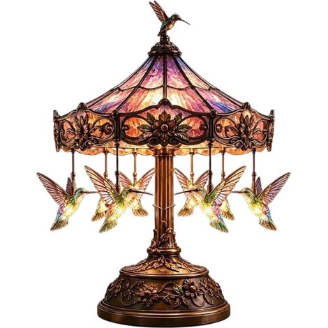 Lampes en vitrail effrayantes d'Halloween pour chambre à coucher, chevet et salon Veilleuse en forme de carrousel en forme de colibri pour Halloween - Lampe de table décorative vintage en résine (1/5)