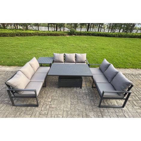 Fimous U-shaped Garden Furniture Set 9-Seater Aluminium Outdoor Dining Set with Adjustable Rising Lifting Dining Table Side Table Dark Grey (1/5)