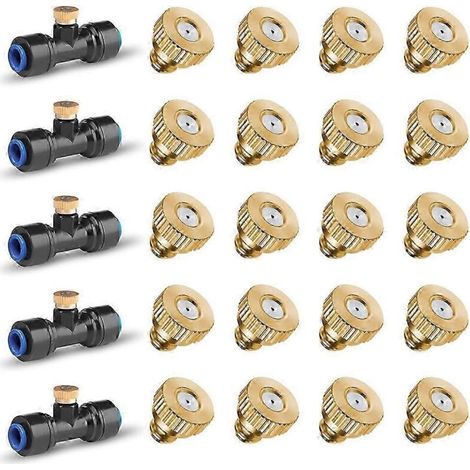 20 Pack Brass Misting Nozzles and 5 Pack Misting Nozzle Tees for Outdoor Cooling System, Misting Noz (1/5)