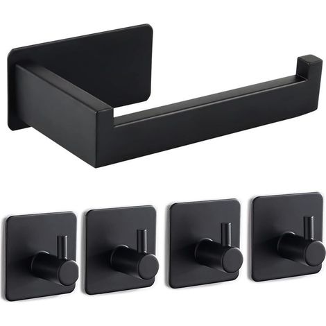 Porte-papier toilette sans perçage, porte-papier toilette autocollant, porte-rouleau de papier toilette en acier inoxydable avec 4 crochets pour serviettes pour cuisine et salle de bain, noir (1/5)
