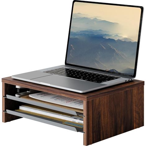 Support Ecran PC, 36.4cm, 3 Niveaux, Ordinateur Moniteur TV, Marron (1/5)