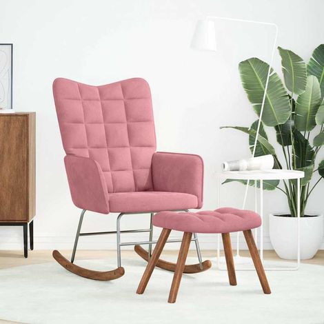 Chaise à bascule avec repose-pied rose velours (1/5)