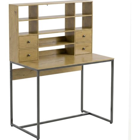 Scrivania computer 105 cm con 4 cassetti e ripiani in legno naturale (1/5)