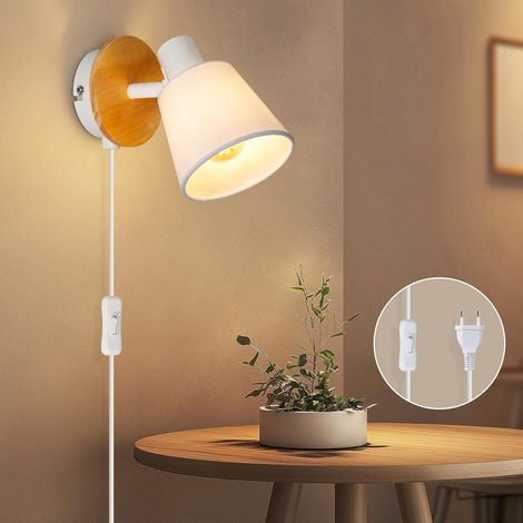 LED Applique Murale Bois, Blanc Réglable Lampe Rétro Industrielle E14 Luminaire Mural Interieur Avec Interrupteur et Prise Européenne, Chambre, Salon, Couloir, Ampoule Non Incluse (1/5)