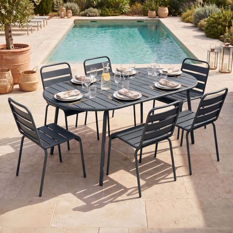Ensemble table de jardin ovale + 6 chaises en métal gris - BACA (1/5)