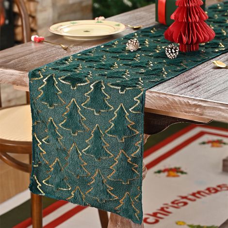 Chemise De Table Noel - Motif Arbre De Noël En Relief Or - Tissu Polyester - 180 X 28 Cm - Pour Table À Manger Café Buffet - 1 Pièce