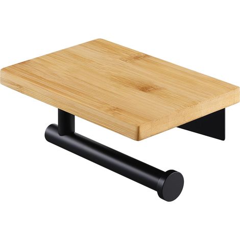 1 Porte-rouleau noir,étagère bambou,acier inoxydable,sans perçage,salle de bain (1/5)