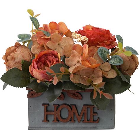 Fausse fleur en pot Orange PP, plastique et bois, simulation d'hortensia pivoine artificielle, décor pour jardin, bureau, café (1/5)
