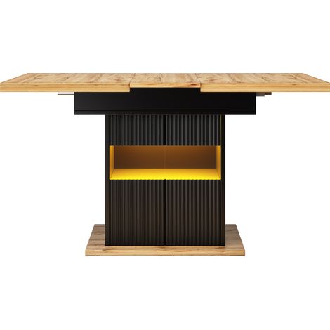 Mesa de comedor extensible 110-140 cm con almacenaje y LED, MDF y metal, negra (1/5)