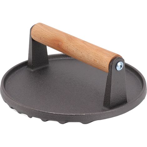 Gerillte Fleischpresse aus Gusseisen mit komfortablem Holzgriff, runde Form zum Grillen von BBQ-Burgern und Speck (1/5)