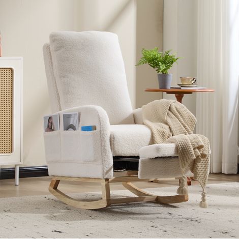 Sillón mecedora de lactancia blanco de tela de felpa con reposapiés extraíble - CHICFURN (1/5)