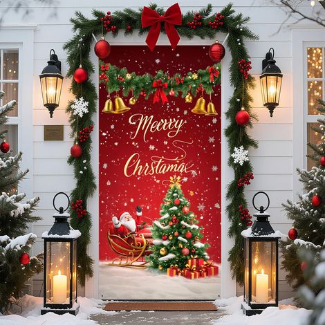 Décorations de Noël 2026 - Bannières, nœuds, décorations de Noël, rideaux de porte - 90 x 180 cm (œillets + ruban) - QL-14