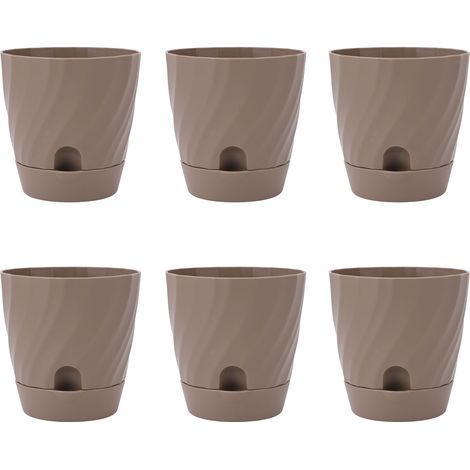 Set mit 6 leichten Kunststoff-Blumentöpfen für Garten, Balkon oder Terrasse, braune Farbe.