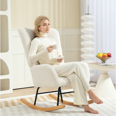 Sillón mecedora 70x94x100 cm blanco crema en Lammfell-Optik con reposabrazos y estructura metálica (1/5)