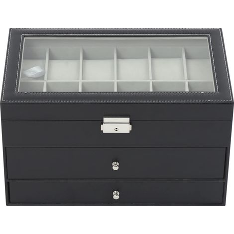 Joyero de 3 niveles, con 12 compartimentos para relojes y 6 para gafas, forrado en terciopelo negro y de forma rectangular. (1/5)