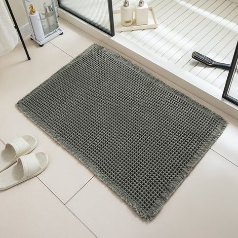 Tapis de bain gaufré, ultra-absorbant et antidérapant, lavable en machine, avec pompons, envers en caoutchouc, ultra doux, vert olive, 51 x 81 cm (1/5)