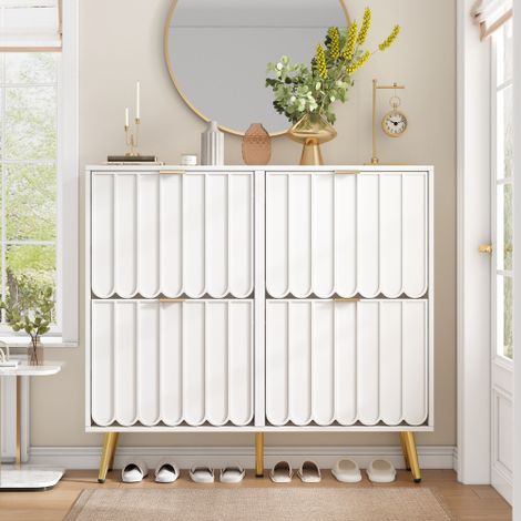 Meuble à chaussures 100x24x91.25cm - avec 4 portes abattants - étagère à 8 niveaux - poignée en métal - Blanc