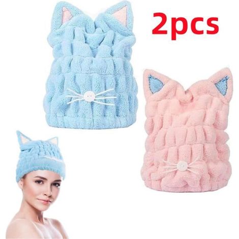 Lot de 2 Serviette séchage cheveux, Modèle oreilles de chat, Molleton synthétique, 23x27 CM, Rose et Bleu, Usage domestique et voyage
