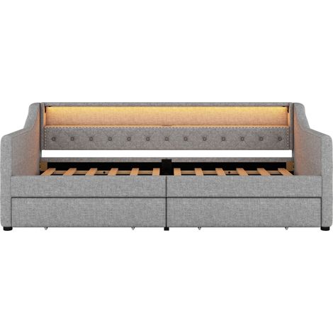 Cama de día 90 x 200 cm gris de lino con somier, 2 cajones, LED con mando y puerto USB (1/5)
