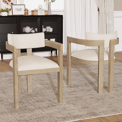 Lot de 2 chaises en bois massif avec accoudoirs - structure en bois massif - revêtement en lin - naturel (1/5)