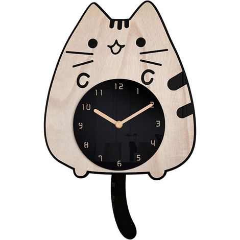 Horloge Murale en Bois "Chat qui Remue la Queue" - Cartoon, Silencieuse et Créative - pour Chambre d\'Enfant - avec Pendule (1/5)