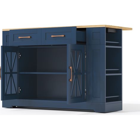 Isla de cocina móvil de 120 cm con mesa abatible, enchufes AC y USB, puertas de vidrio y ruedas (1/5)