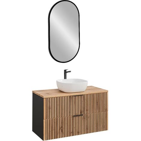 Meuble vasque à poser + miroir LED - 100 cm - Sylve Black Wotan - Livraison gratuite