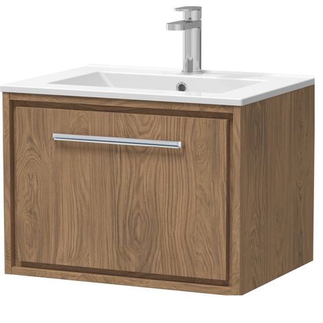 Longnor 1 Drawer Wall Hung Vanity Unit with 1 Tap Hole Minimalist Basin, Antique Oak, 600mm (1/4)