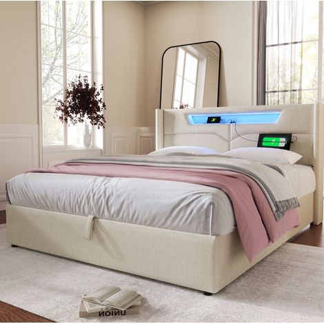 Cama doble almacenamiento LED con USB lino beige OKMYHOME (1/5)