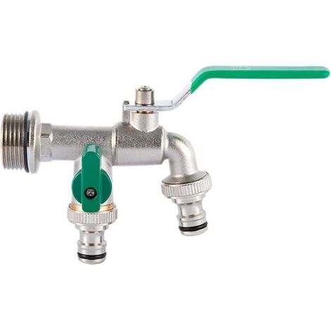 Enowelir Robinet de jardin double sortie 1 pouce en laiton, adaptateur 3/4 pouce, robinet d'extérieur résistant au gel avec 2 raccords de tuyau, robinet double sortie universel pour citerne d'eau de j (1/4)