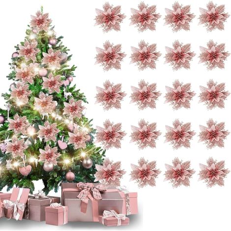 20Pcs Fleurs de Noël Poinsettia 14 cm Rose Or Rose Doré avec 20 Pinces Métal Brillantes Fleurs Artificielles pour Sapin Couronne Déco Mariage Fête (1/5)