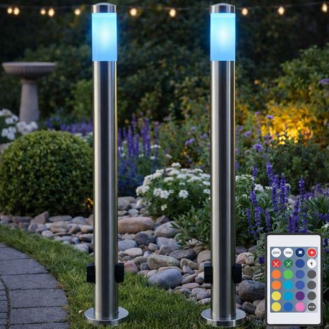 Stehlampe Standleuchte mit Steckdosen Gartenlampe Farbwechsler Edelstahl, Fernbedienung dimmbar, 1x RGB LED 8,5W 806lm 3000K, DxH 7,6x110 cm, 2er Set