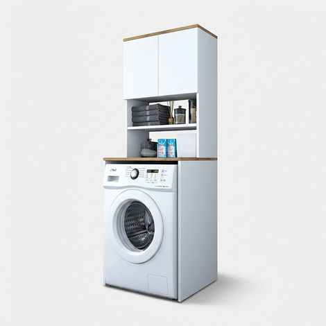 Platzsparendes Waschmaschinenabdeck-Regal mit Hängeschrank und Ablagen KD101 - Weiß