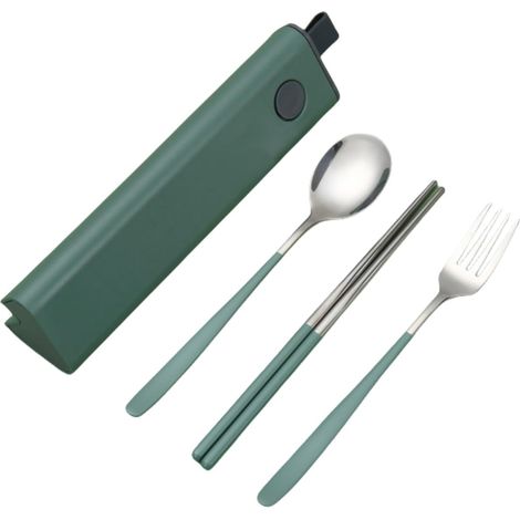 Ensemble de couverts portables 3 pièces en acier inoxydable avec étui coulissant – Fourchette, baguettes et cuillère finition poli miroir – Voyage et camping (Vert clair) (1/5)