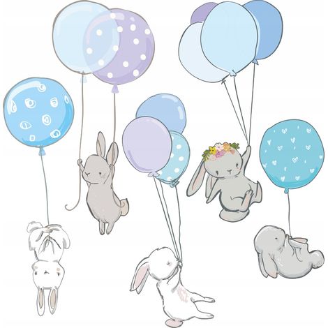 Autocollant décoratif pour enfants - Lapins avec ballons bleus S (1/4)