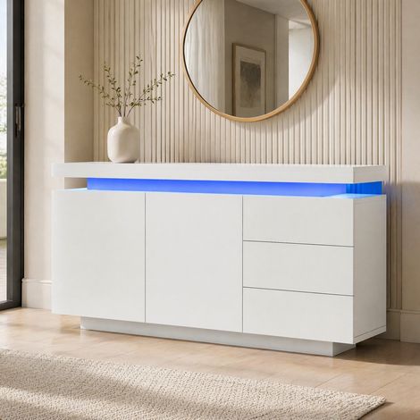 Buffet LED en panneau blanc brillant 140 x 35 x 72,5 cm avec 2 portes et 3 tiroirs (1/5)