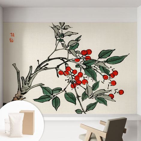 Tapete Vliestapete mit Kleber- abwaschbar - Raumgestaltung Schlafzimmer Wohnzimmer Tapete Beerenzweig 152x104 cm (1/5)