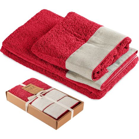 Set Asciugamani Bagno 2 Pezzi con Balza in Lino – Salvietta + Ospite – Morbidi, Super Assorbenti e Delicati sulla Pelle – Certificati OEKO-TEX – Eleganti e Resistenti  Fragola (1/5)