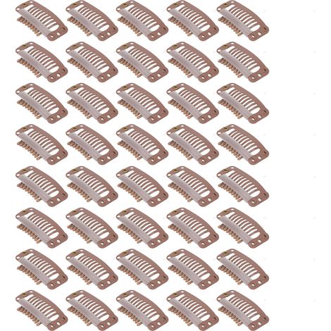 40pinces de fixation pour mèches de cheveux, acier inoxydable 9 dents, 32mm, marron clair, maintien solide des extensions (1/5)