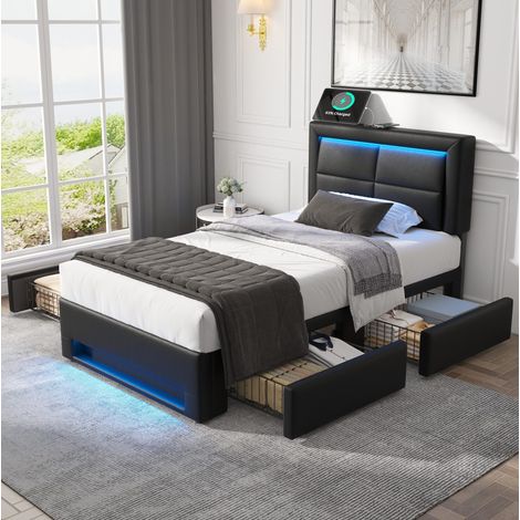 Lit rembourré moderne 90x200 cm en PU noir avec tête de lit, USB, LED et 4 tiroirs, sommier à lattes (1/5)