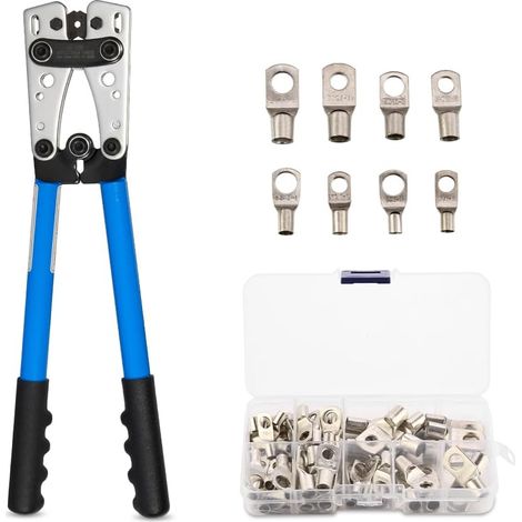 Crimpzange + 60 professionelle Kabelschuhe-Set - AWG 10-0, 6/10/16/25/35/50 mm², Multifunktionale Kabelschneiderzange mit Griff, elektrische Steckverbinder