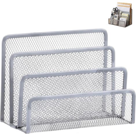 Schreibtisch-Organizer aus Metallgitter: 3-stufiger Zeitschriftenständer, Ablagefach und Trennwände, mit 3 Fächern (Silber). (1/4)
