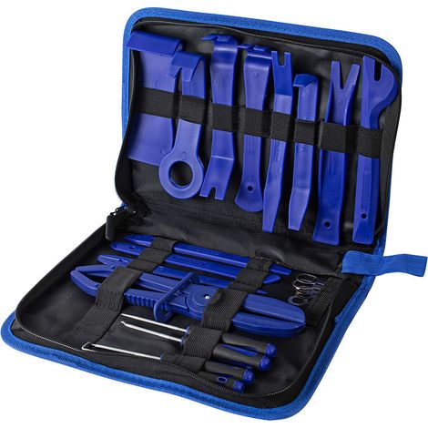 21-piece set including plastic pry bar and screwdriver for repairing car radios, for dismantling, modifying and repairing blue interior door panels. (1/5)