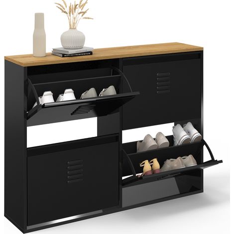 Idmarket – Meuble à chaussures 20 paires 4 portes métal noir – Plateau bois – Dimensions 100x23,5x75 cm – Design industriel moderne