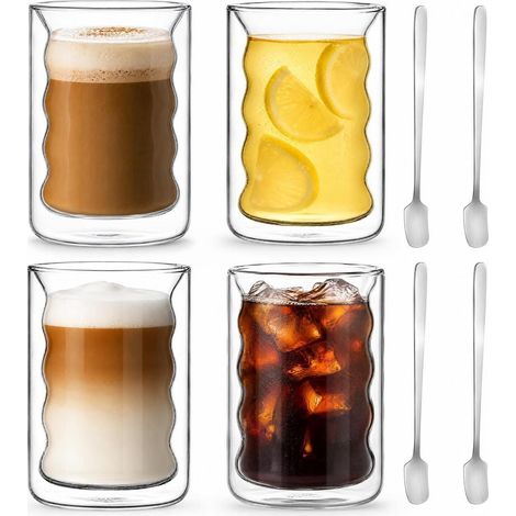 Verres double paroi 350ml avec design en spirale, set de 4 incl. cuillères