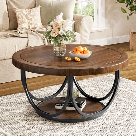 Table basse ronde en bois 80 cm – Table de salon à double niveau avec espace de rangement et pieds en métal (1/5)