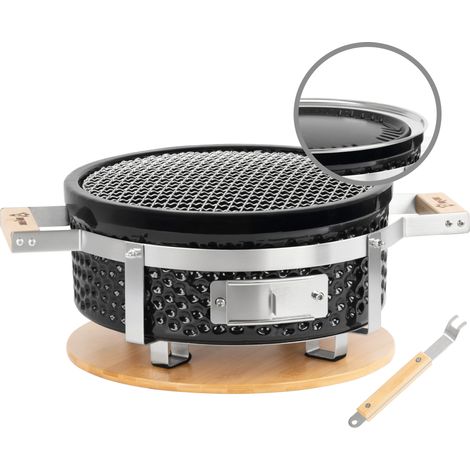 BBQ-Toro Keramik Tischgrill Rund, Ø 29,5 cm, Japanischer Grill mit Holzunterlage, Hibachi Grill